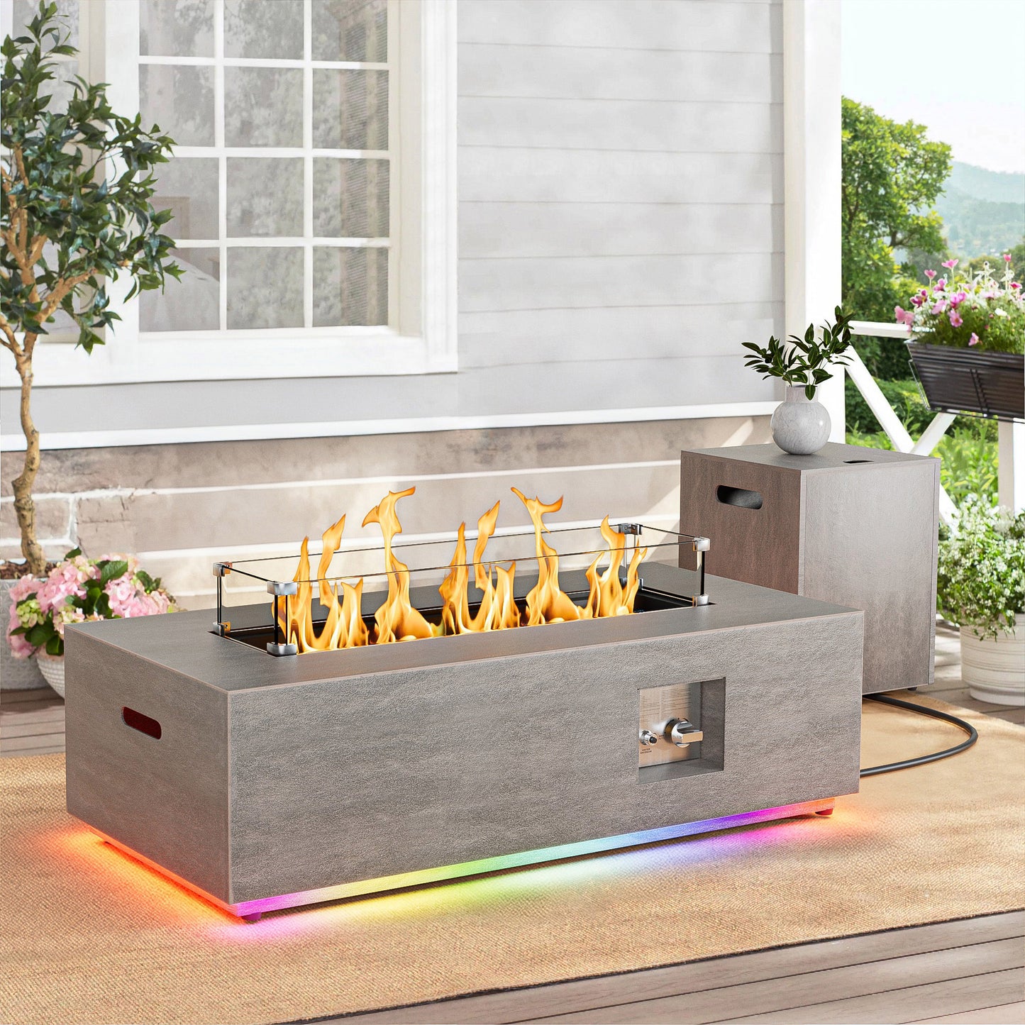 Nova Flame 42" Modern Rectangular Fire Pit Table with RGB LED Multi-Color Lighting