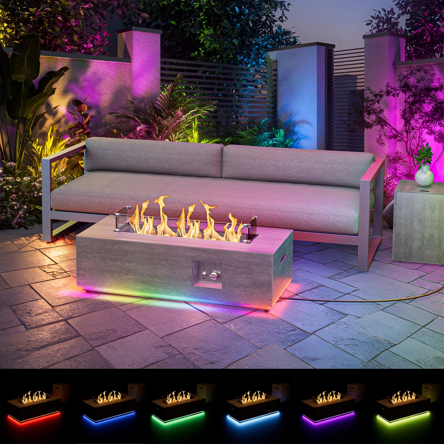 Nova Flame 42" Modern Rectangular Fire Pit Table with RGB LED Multi-Color Lighting