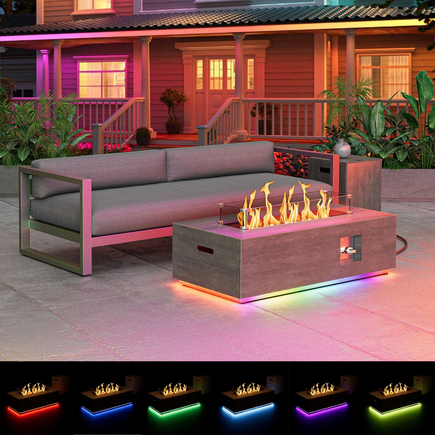 Nova Flame 42" Modern Rectangular Fire Pit Table with RGB LED Multi-Color Lighting