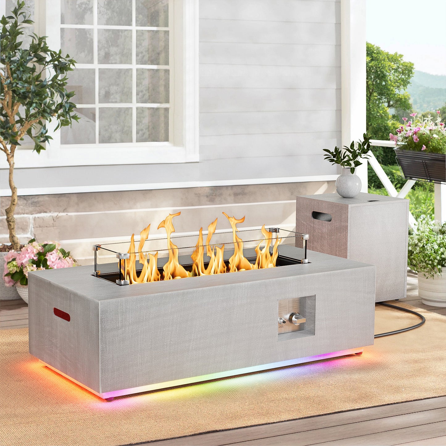 Nova Flame 42" Modern Rectangular Fire Pit Table with RGB LED Multi-Color Lighting