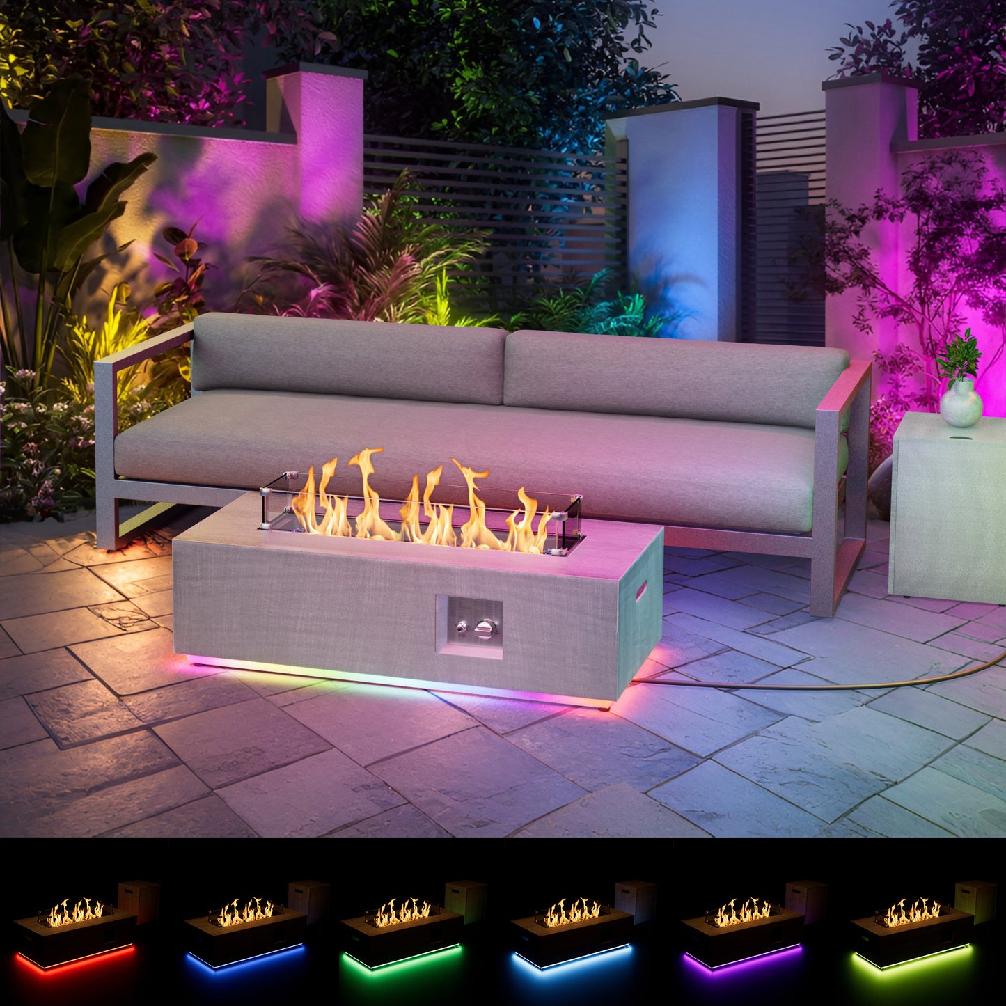 Nova Flame 42" Modern Rectangular Fire Pit Table with RGB LED Multi-Color Lighting