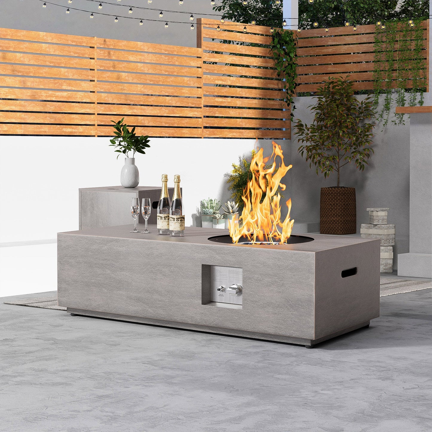 Nova Flame 48" Modern Rectangular Fire Pit Table Circular Burner with Propane Tank Storage