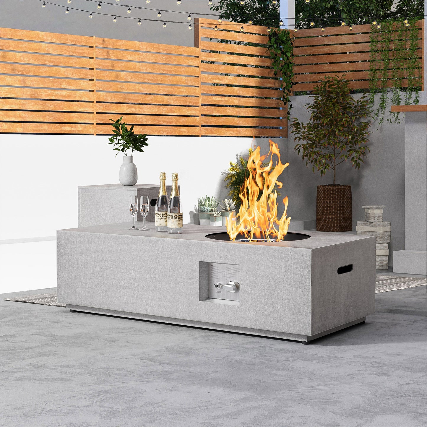 Nova Flame 48" Modern Rectangular Fire Pit Table Circular Burner with Propane Tank Storage
