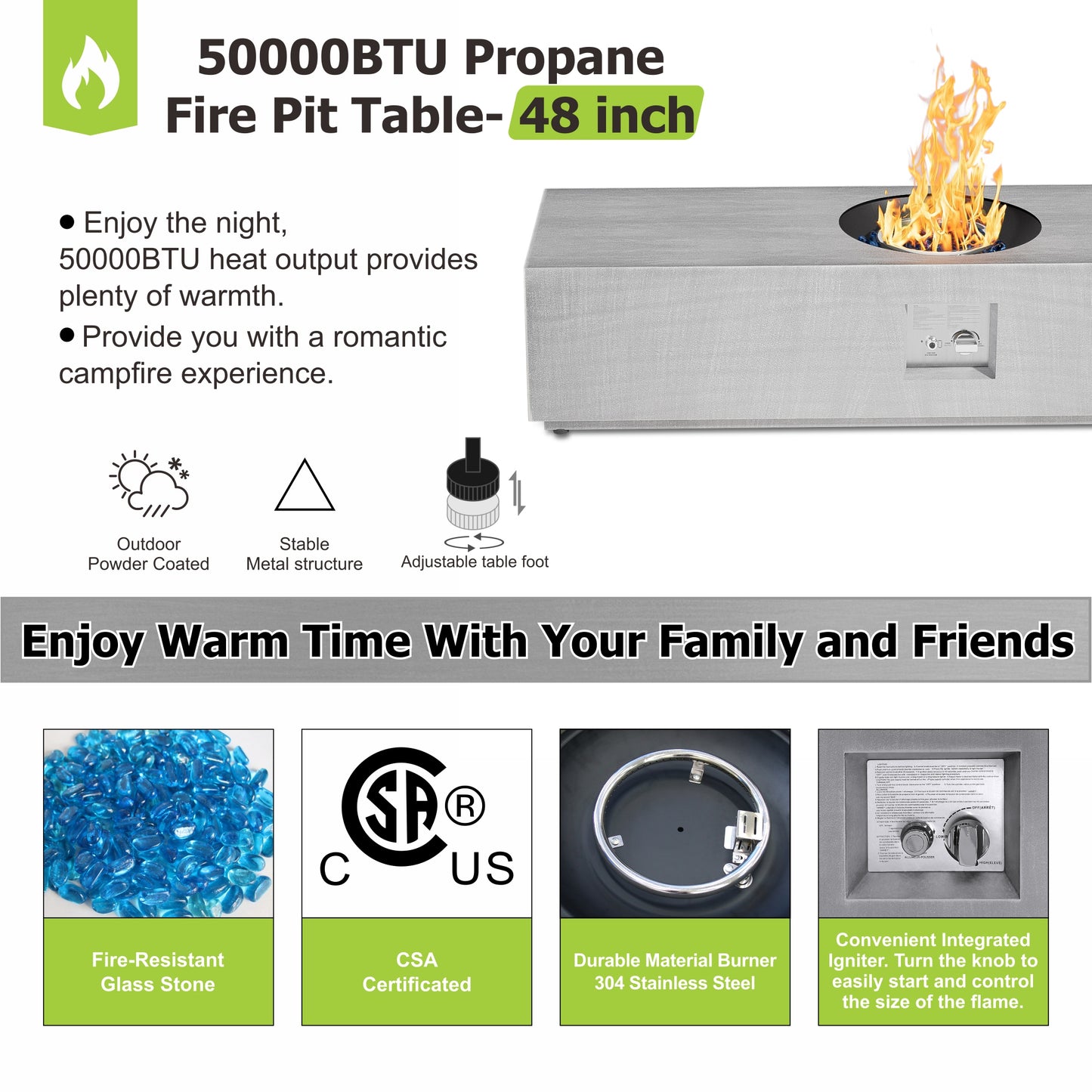 Nova Flame 48" Modern Rectangular Fire Pit Table Circular Burner with Propane Tank Storage