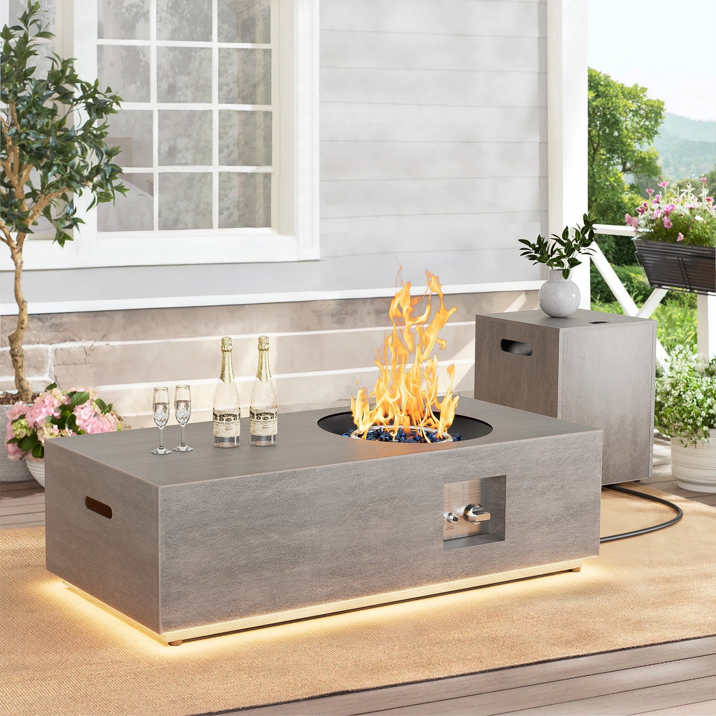 Nova Flame 48" Modern Rectangular Fire Pit Table Circular Burner with LED Golden Light