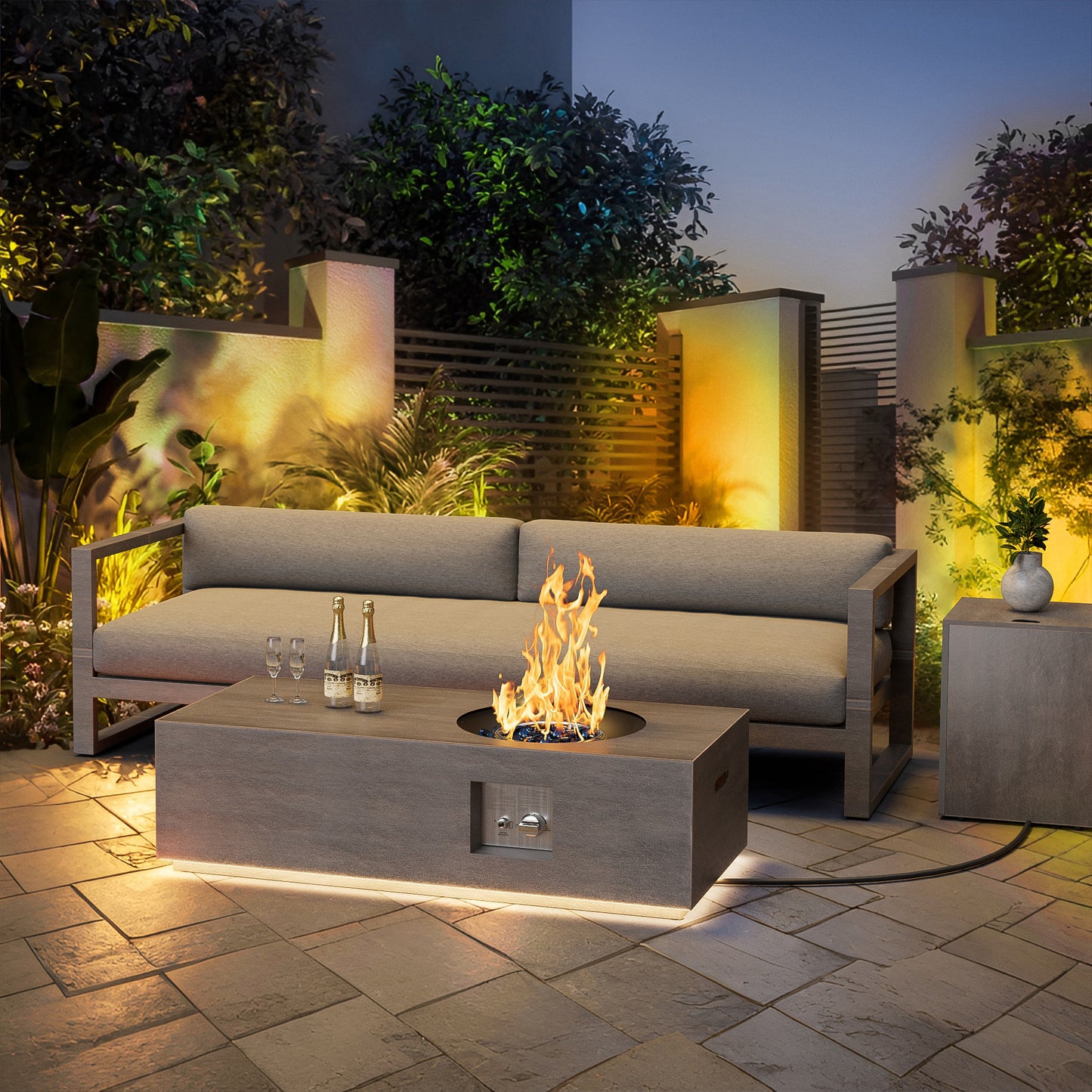 Nova Flame 48" Modern Rectangular Fire Pit Table Circular Burner with LED Golden Light