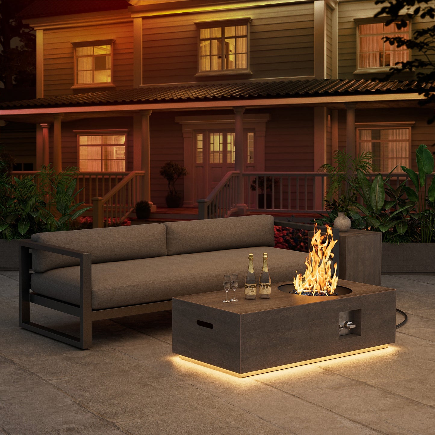 Nova Flame 48" Modern Rectangular Fire Pit Table Circular Burner with LED Golden Light