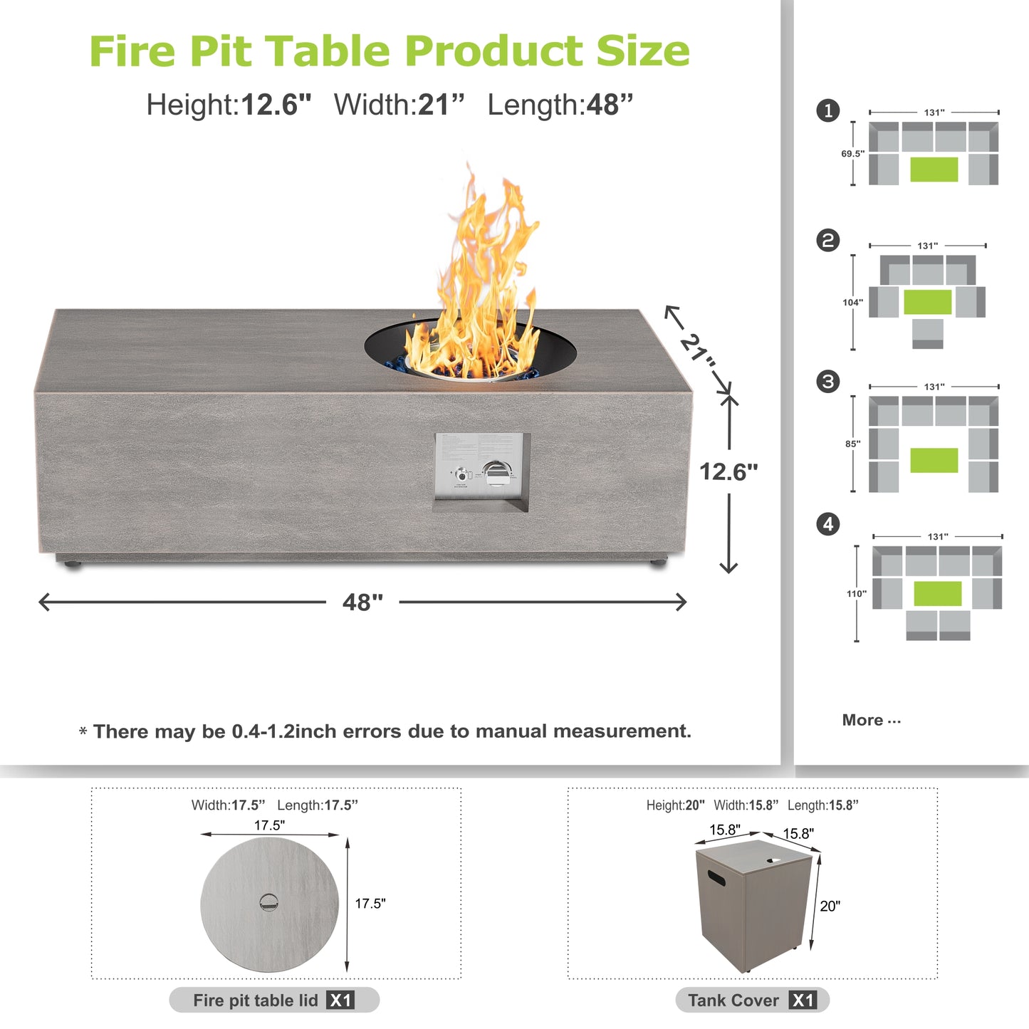 Nova Flame 48" Modern Rectangular Fire Pit Table Circular Burner with LED Golden Light