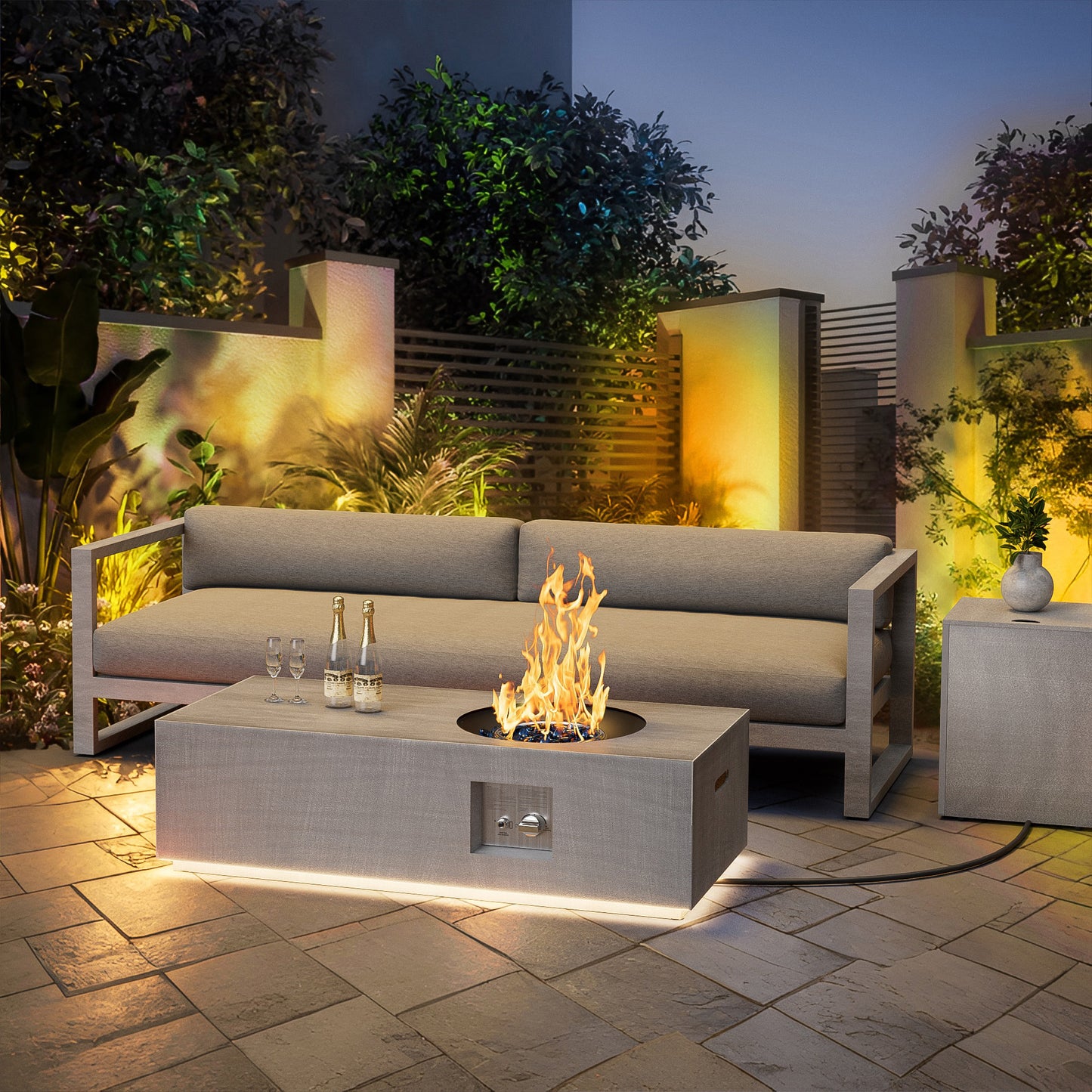 Nova Flame 48" Modern Rectangular Fire Pit Table Circular Burner with LED Golden Light