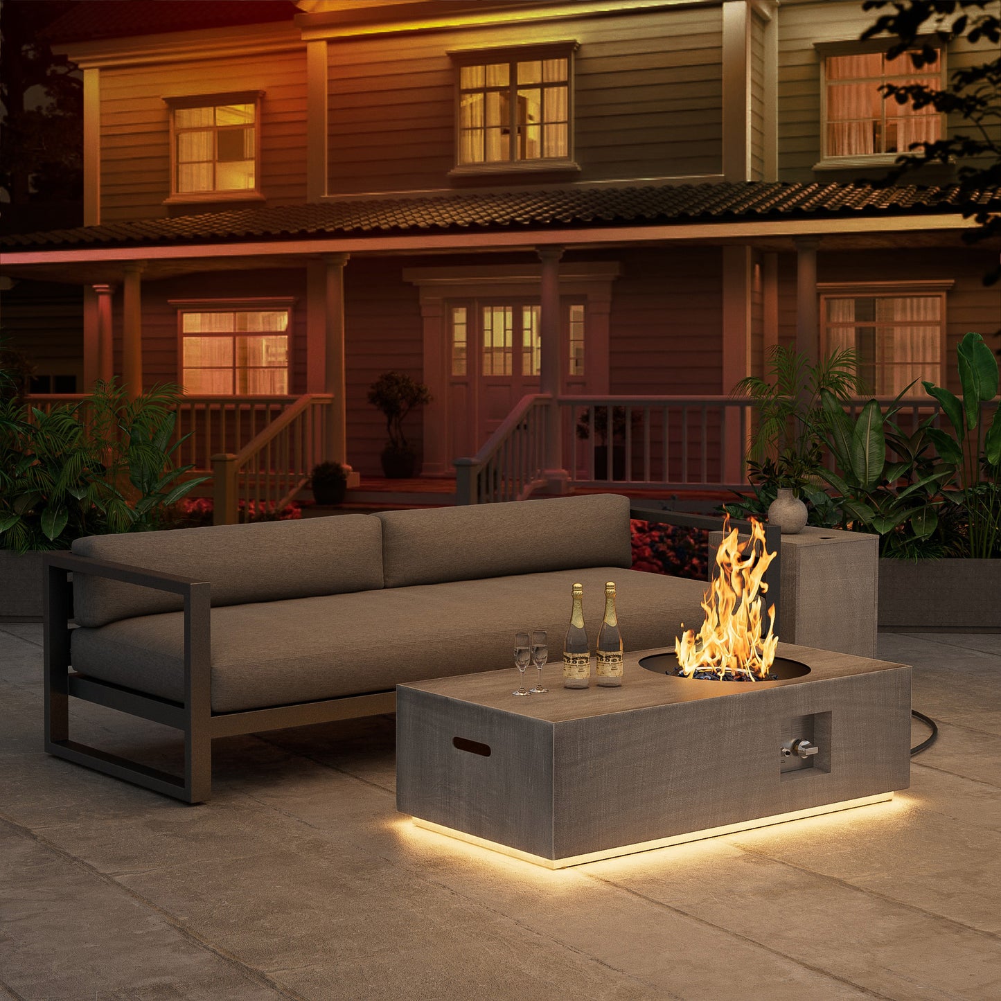 Nova Flame 48" Modern Rectangular Fire Pit Table Circular Burner with LED Golden Light
