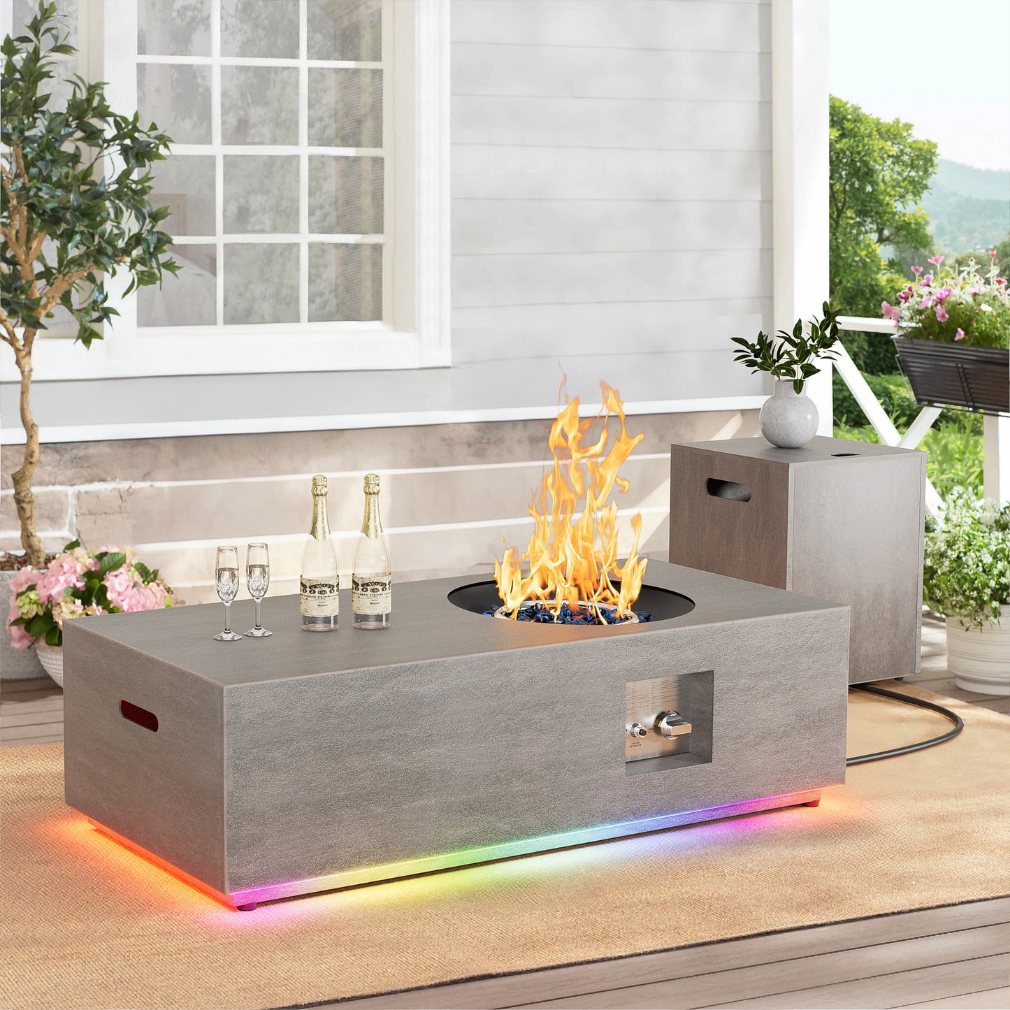 Nova Flame 48" Modern Rectangular Fire Pit Table Circular Burner with RGB LED Multi-Color Lighting