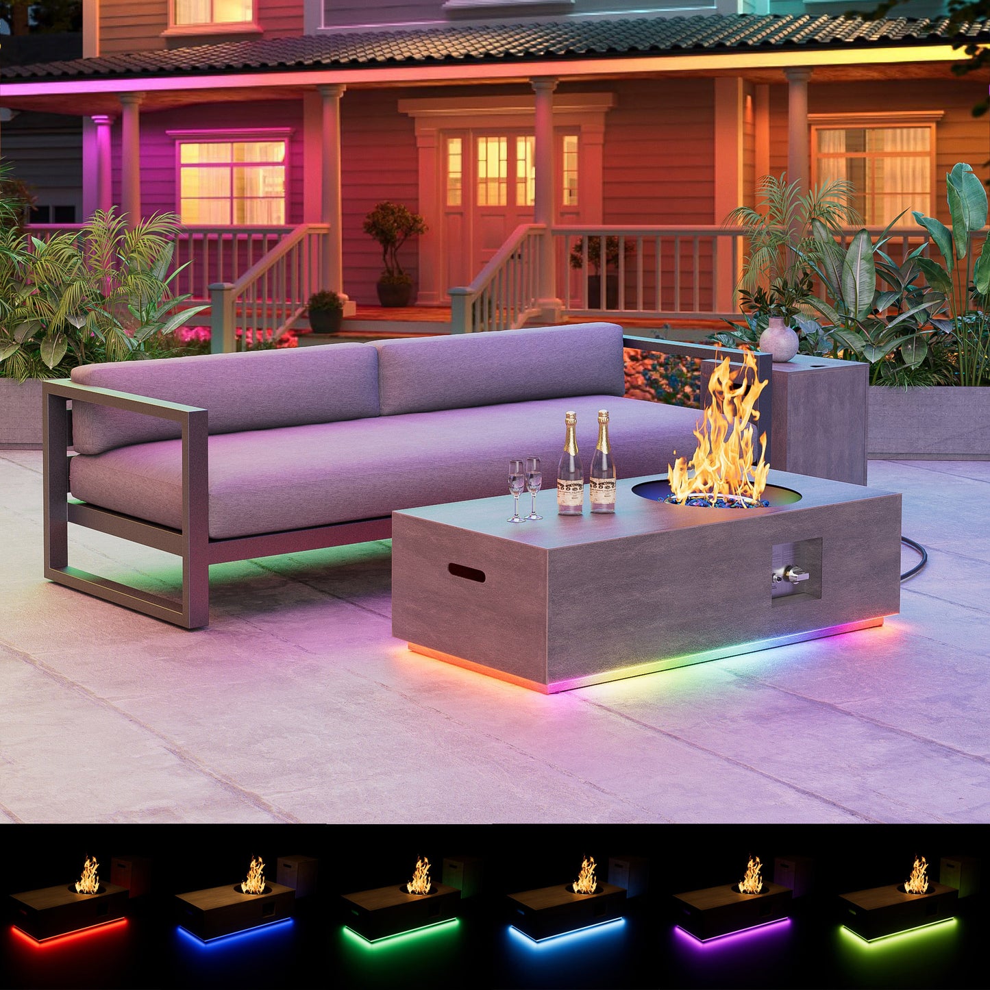Nova Flame 48" Modern Rectangular Fire Pit Table Circular Burner with RGB LED Multi-Color Lighting