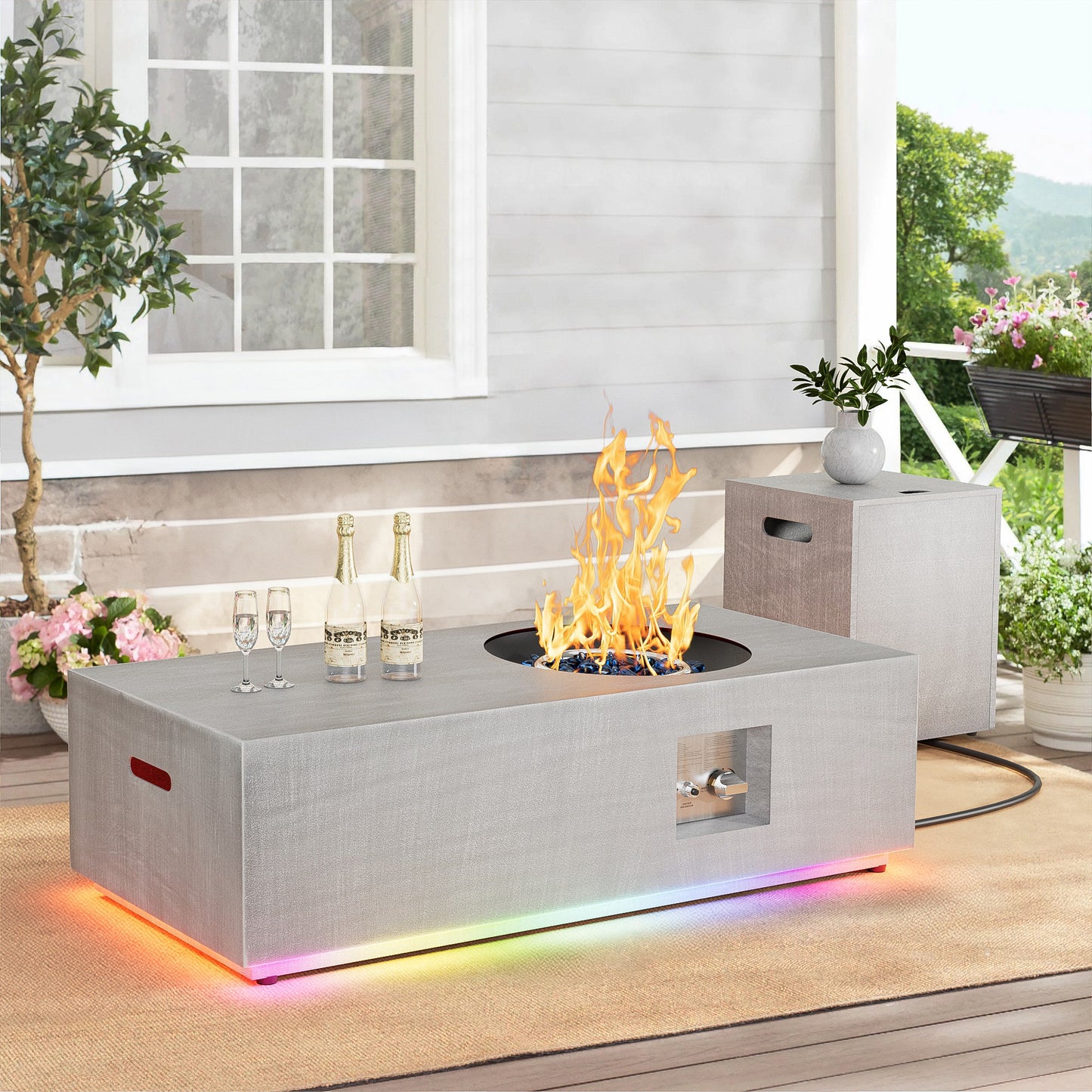 Nova Flame 48" Modern Rectangular Fire Pit Table Circular Burner with RGB LED Multi-Color Lighting
