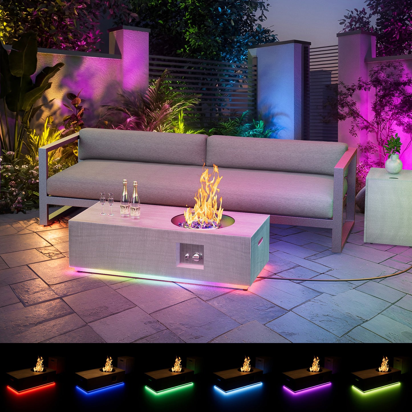 Nova Flame 48" Modern Rectangular Fire Pit Table Circular Burner with RGB LED Multi-Color Lighting