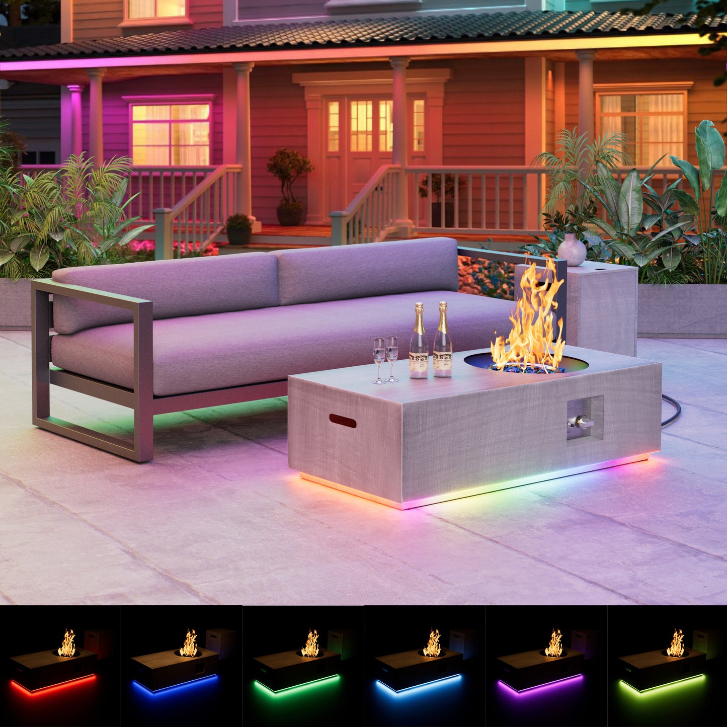 Nova Flame 48" Modern Rectangular Fire Pit Table Circular Burner with RGB LED Multi-Color Lighting