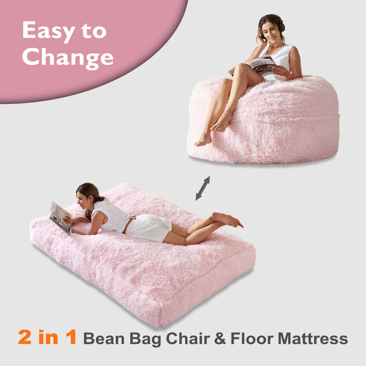 Convertible Bean Bag Bed with Washable Cover – Available in Grey and Pink