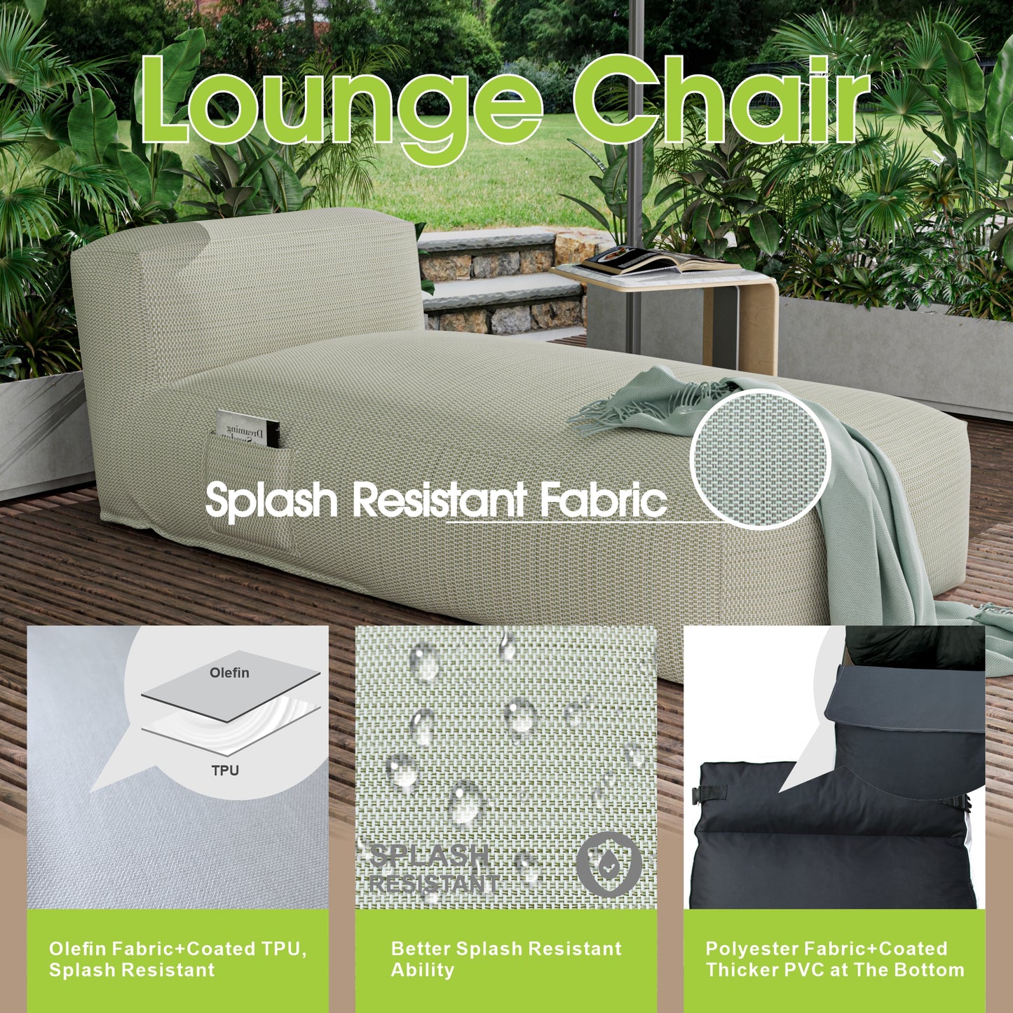 Outdoor Lounge Chair with Olefin Water-Repellent Fabric – Available in Two Sizes & Colors