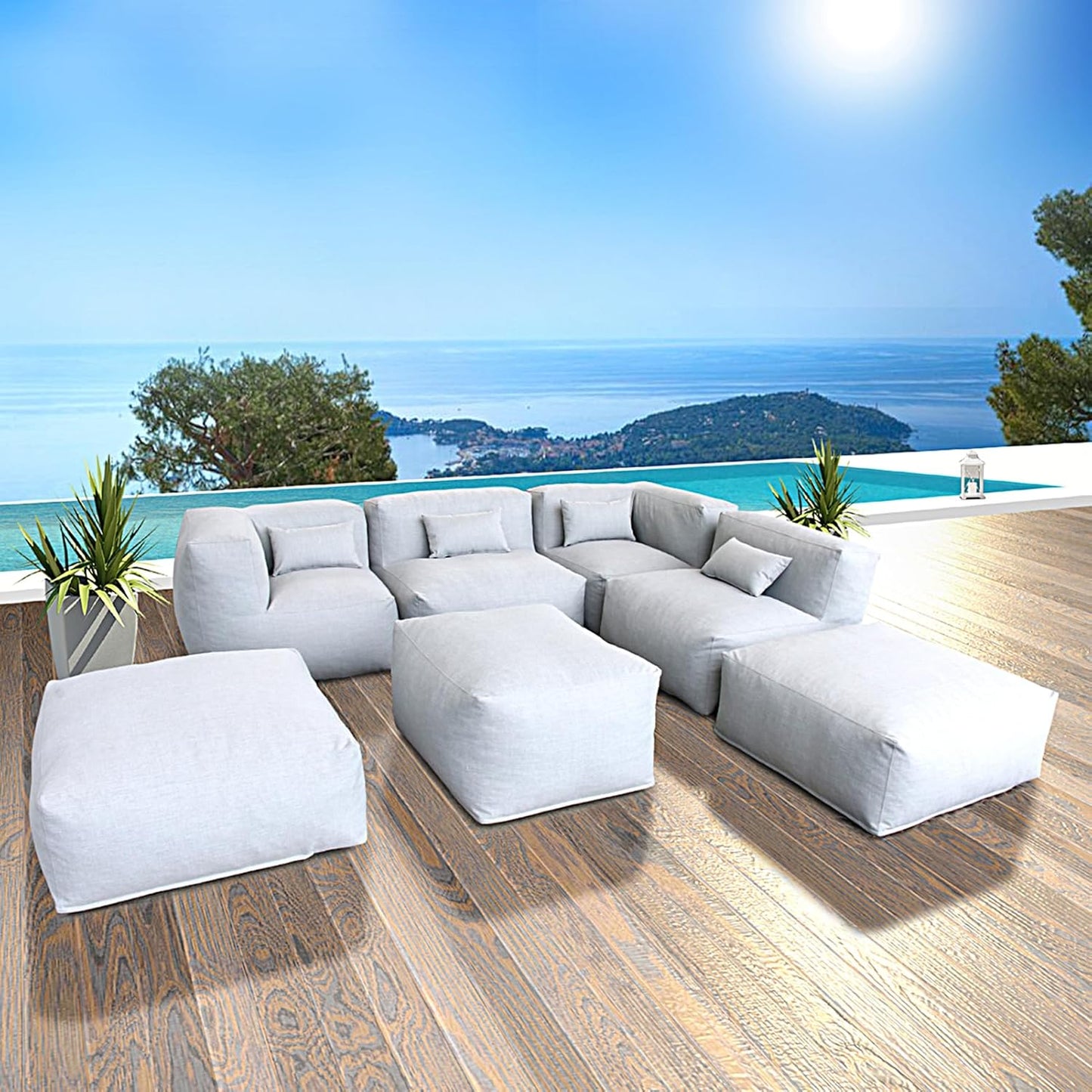 Solara Cove Set - 7-Piece Outdoor Modular Patio Set with 2 Corner Chairs, 2 Middle Chairs, 2 Ottomans, and Ottoman Table