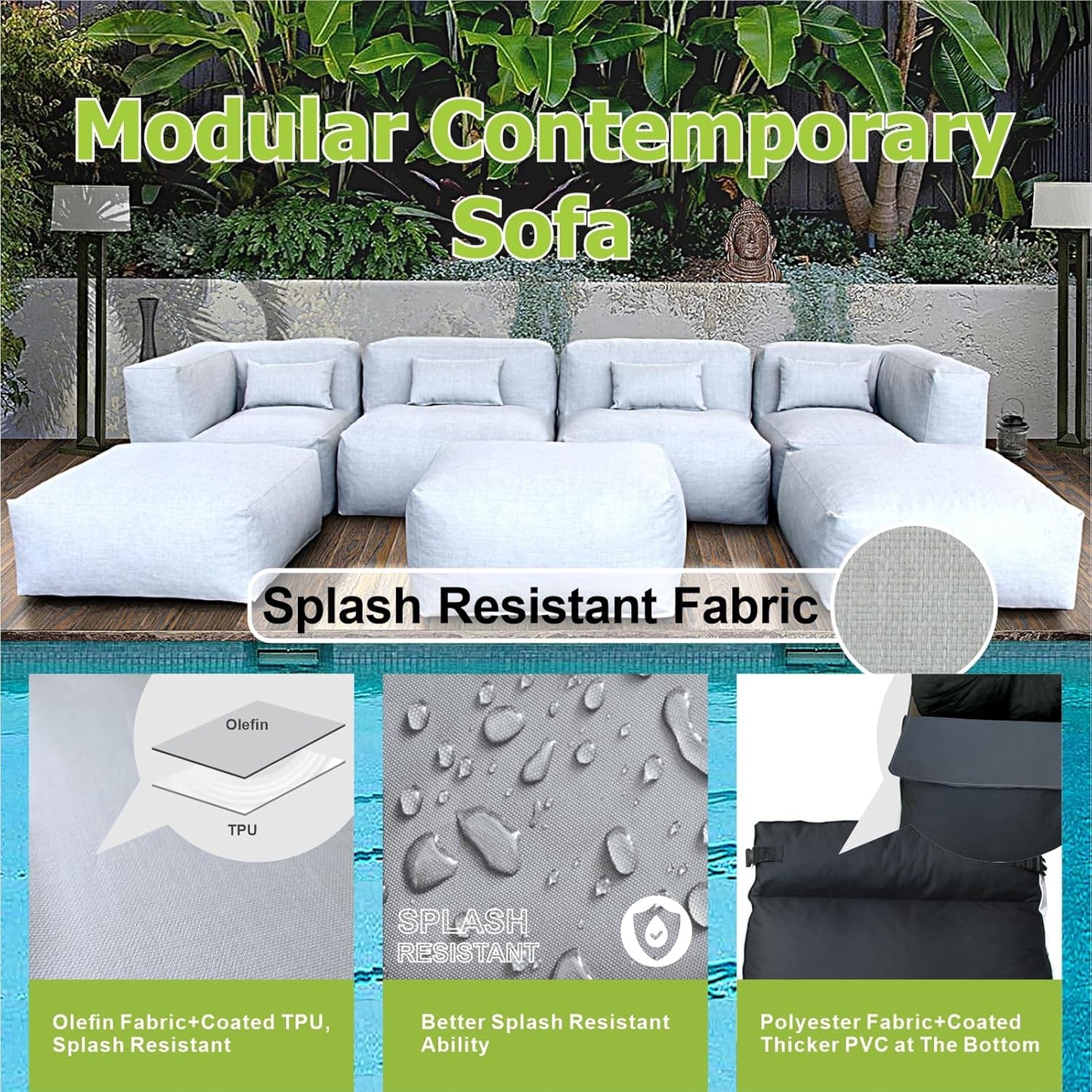 Solara Cove Set - 7-Piece Outdoor Modular Patio Set with 2 Corner Chairs, 2 Middle Chairs, 2 Ottomans, and Ottoman Table