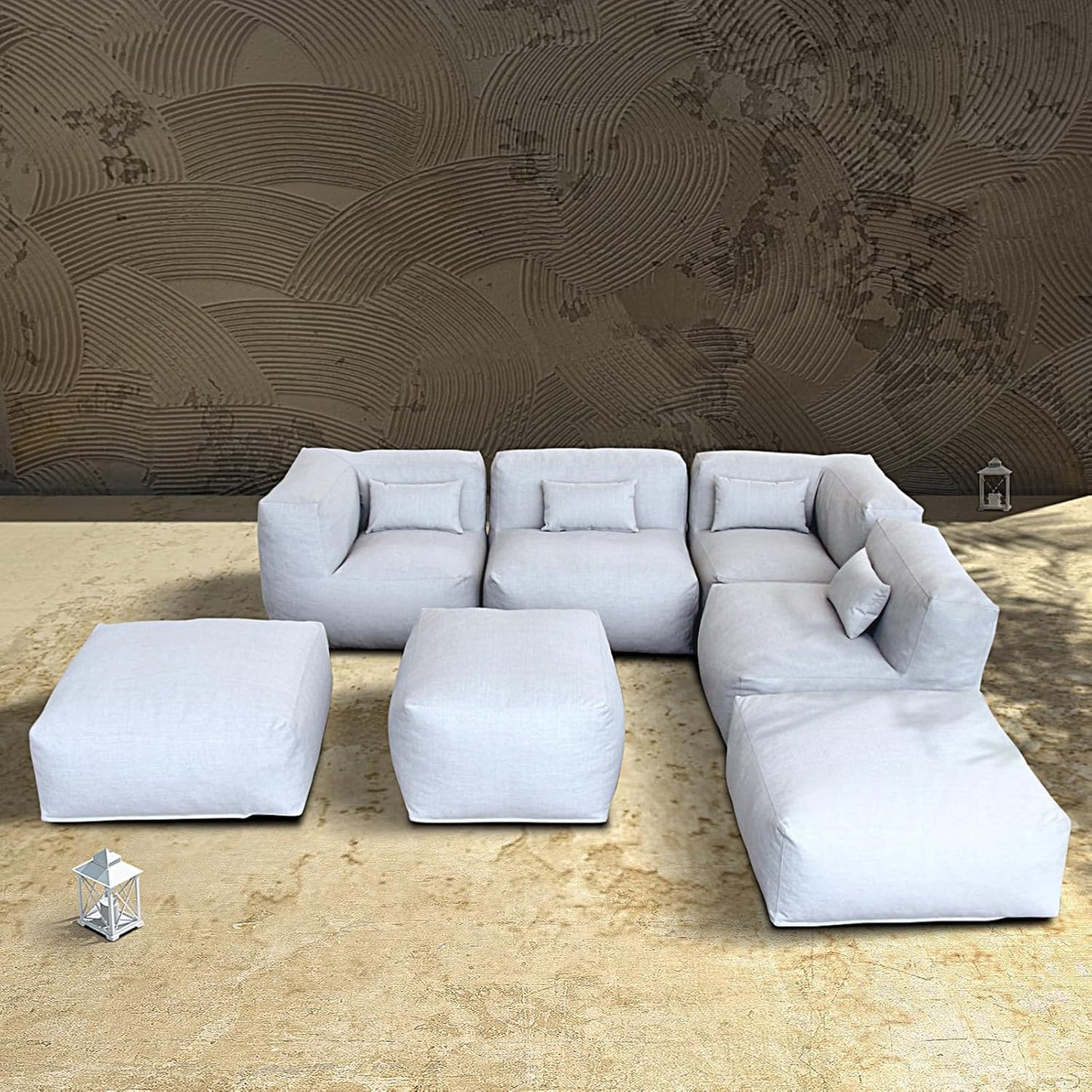 Solara Cove Set - 7-Piece Outdoor Modular Patio Set with 2 Corner Chairs, 2 Middle Chairs, 2 Ottomans, and Ottoman Table