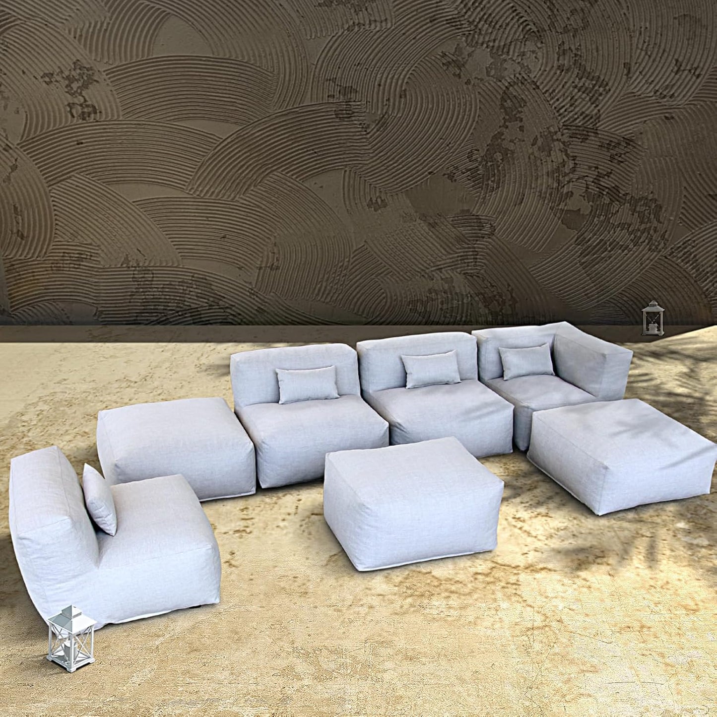 Solara Driftwood Set - 7-Piece Outdoor Modular Patio Set with 1 Corner Chair, 3 Middle Chairs, 2 Ottomans, and Ottoman Table