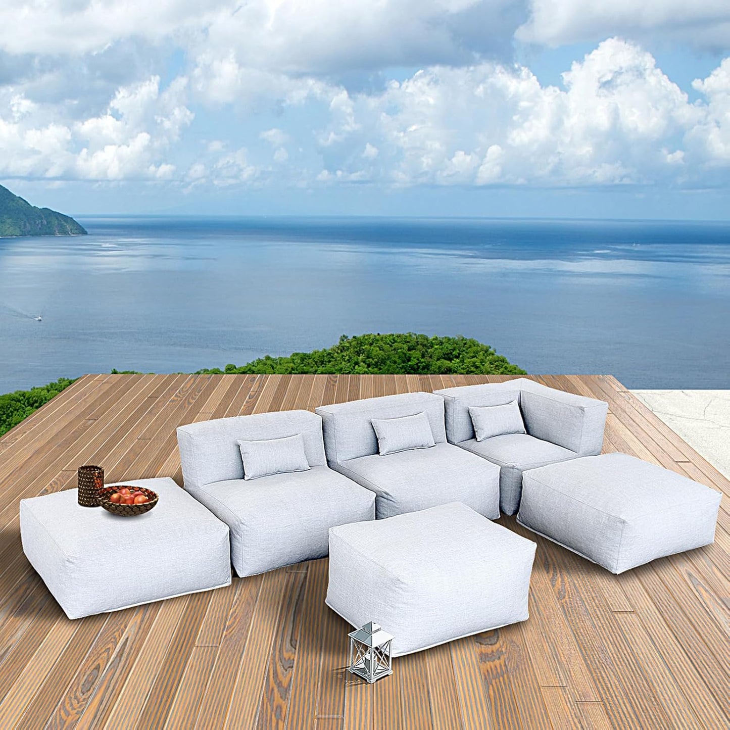 Solara Harbor Set - 6-Piece Outdoor Modular Patio Set with 1 Corner Chair, 2 Middle Chairs, 2 Ottomans, and Ottoman Table