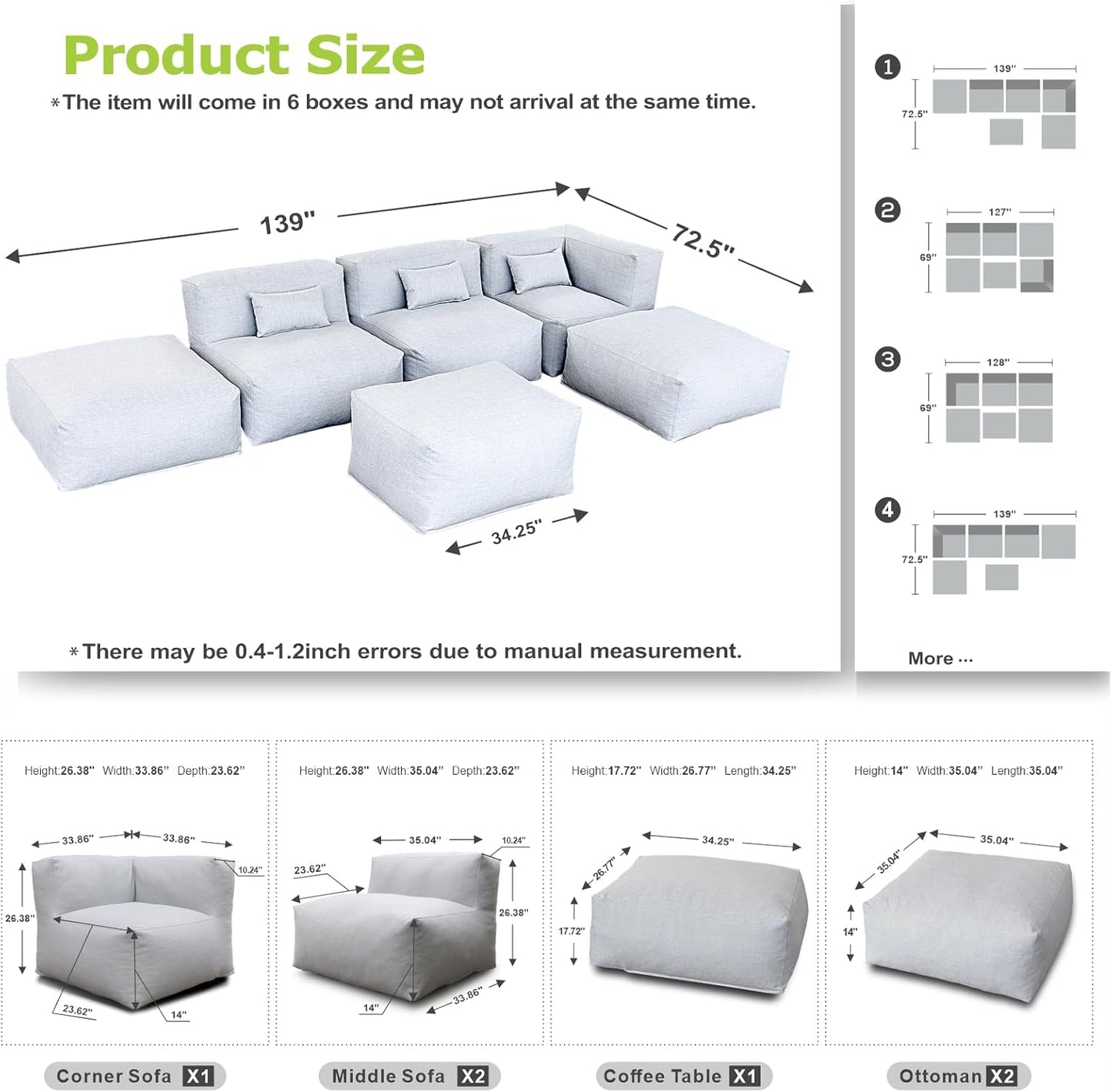 Solara Harbor Set - 6-Piece Outdoor Modular Patio Set with 1 Corner Chair, 2 Middle Chairs, 2 Ottomans, and Ottoman Table