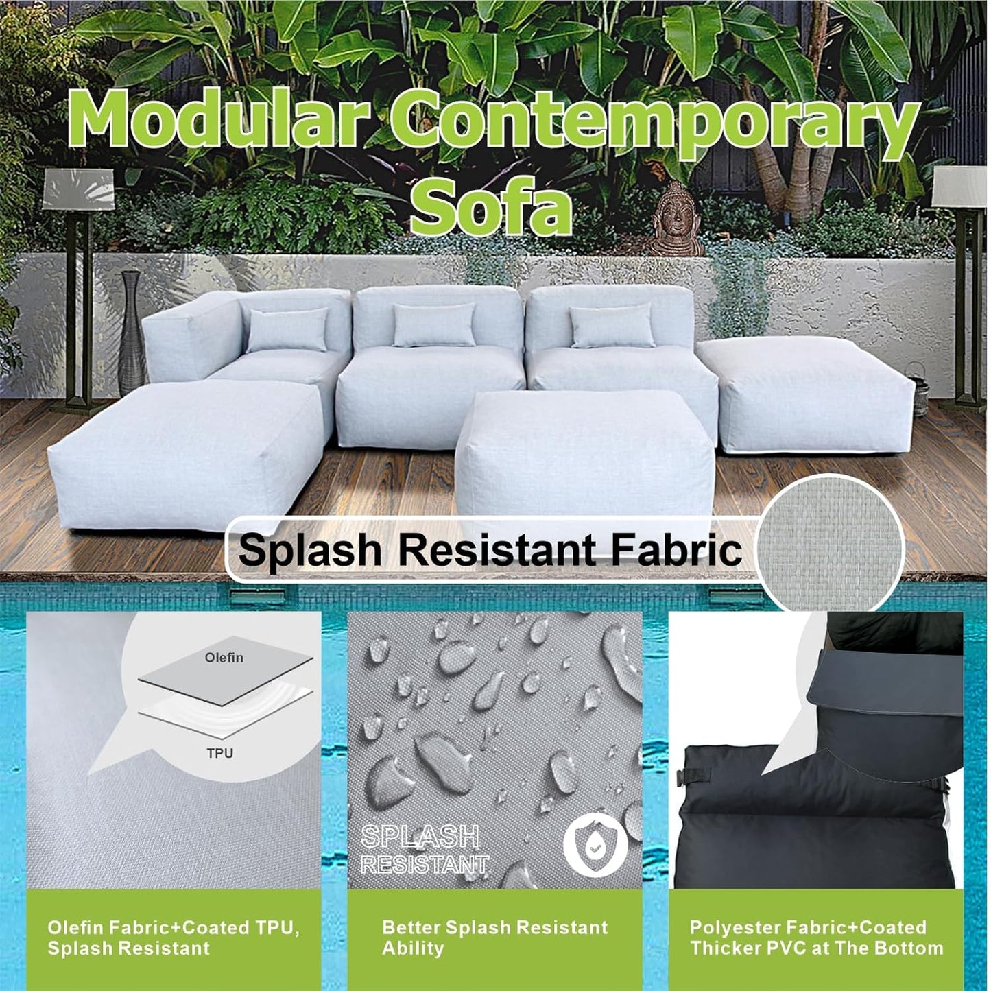 Solara Harbor Set - 6-Piece Outdoor Modular Patio Set with 1 Corner Chair, 2 Middle Chairs, 2 Ottomans, and Ottoman Table