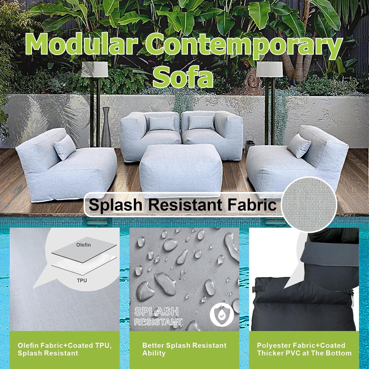 Solara Horizon Set - 5-Piece Outdoor Modular Patio Set with 2 Corner Chairs, 2 Middle Chairs, and Ottoman