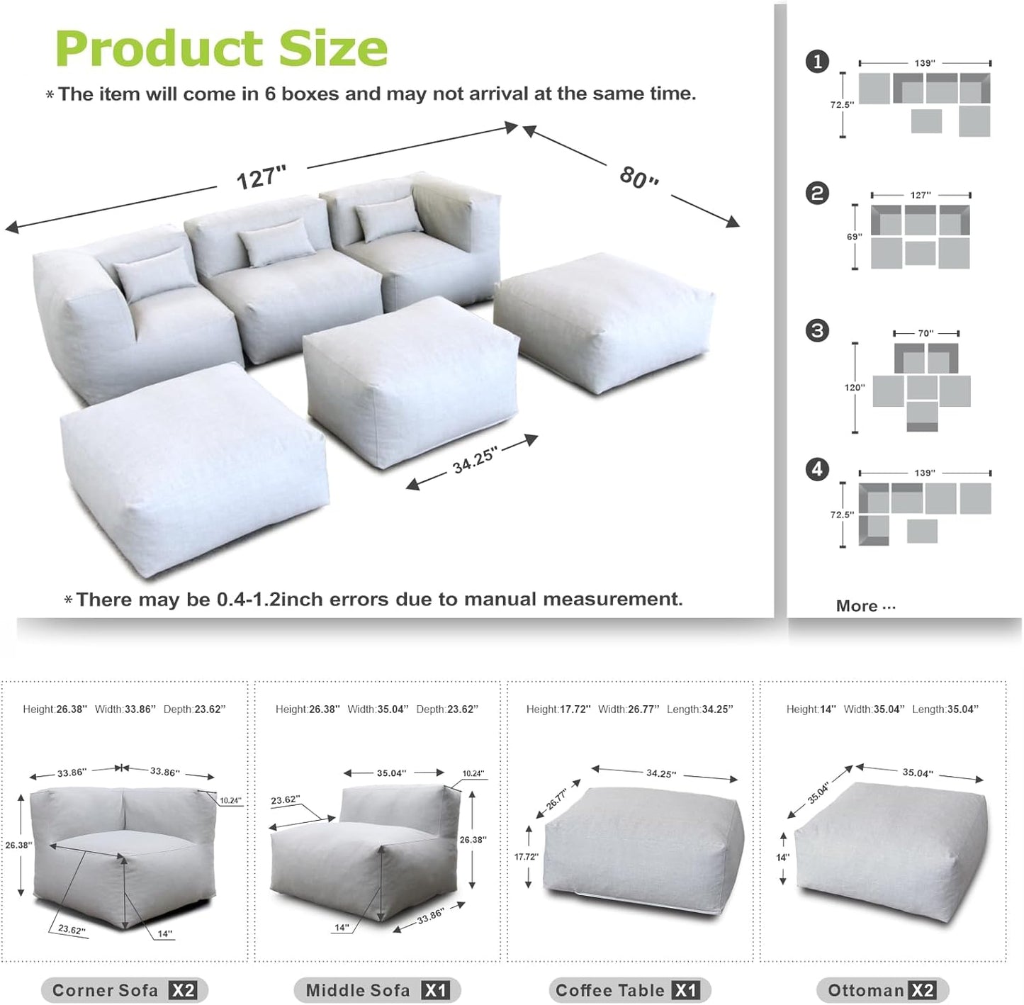 Solara Meadow Set - 6-Piece Outdoor Modular Patio Set with 2 Corner Chairs, 1 Middle Chair, 2 Ottomans, and Ottoman Table