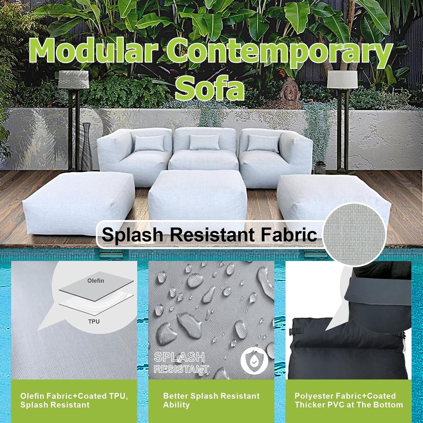 Solara Meadow Set - 6-Piece Outdoor Modular Patio Set with 2 Corner Chairs, 1 Middle Chair, 2 Ottomans, and Ottoman Table