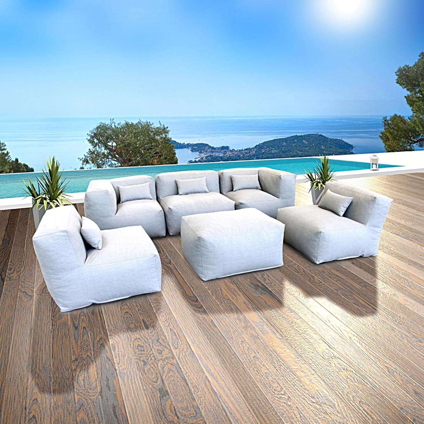 Solara Sunset Set - 6-Piece Outdoor Modular Patio Set with 2 Corner Chairs, 3 Middle Chairs, and Ottoman Table