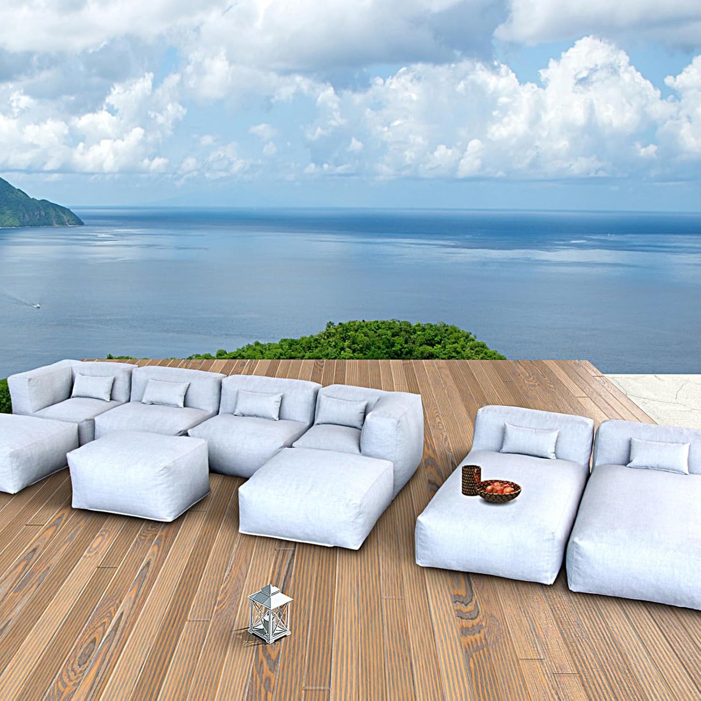 Solara Tranquility Set - 9-Piece Outdoor Modular Patio Set with 2 Corner Chairs, 2 Middle Chairs, 2 Ottomans, 2 Lounger Chairs, and Ottoman Table