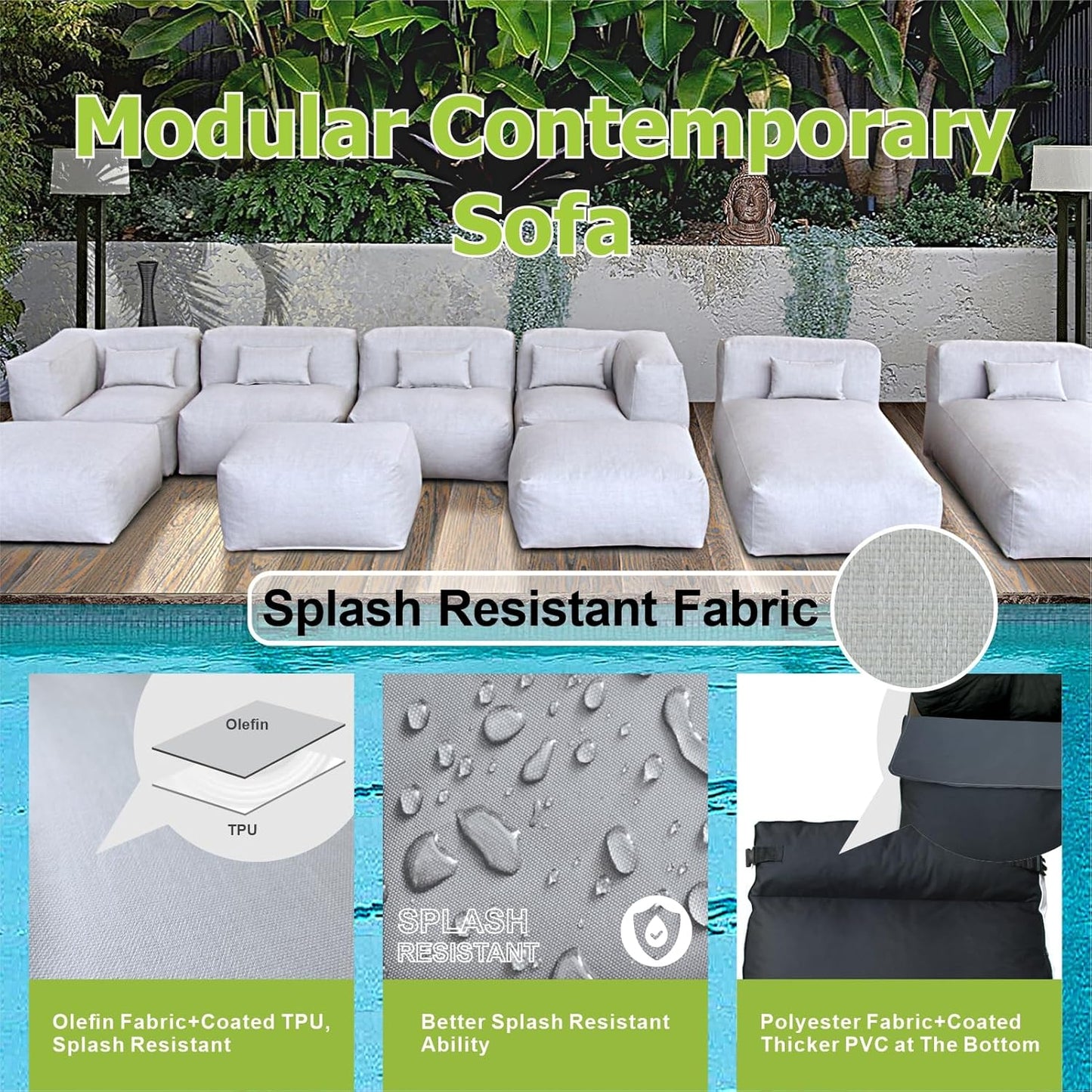 Solara Tranquility Set - 9-Piece Outdoor Modular Patio Set with 2 Corner Chairs, 2 Middle Chairs, 2 Ottomans, 2 Lounger Chairs, and Ottoman Table