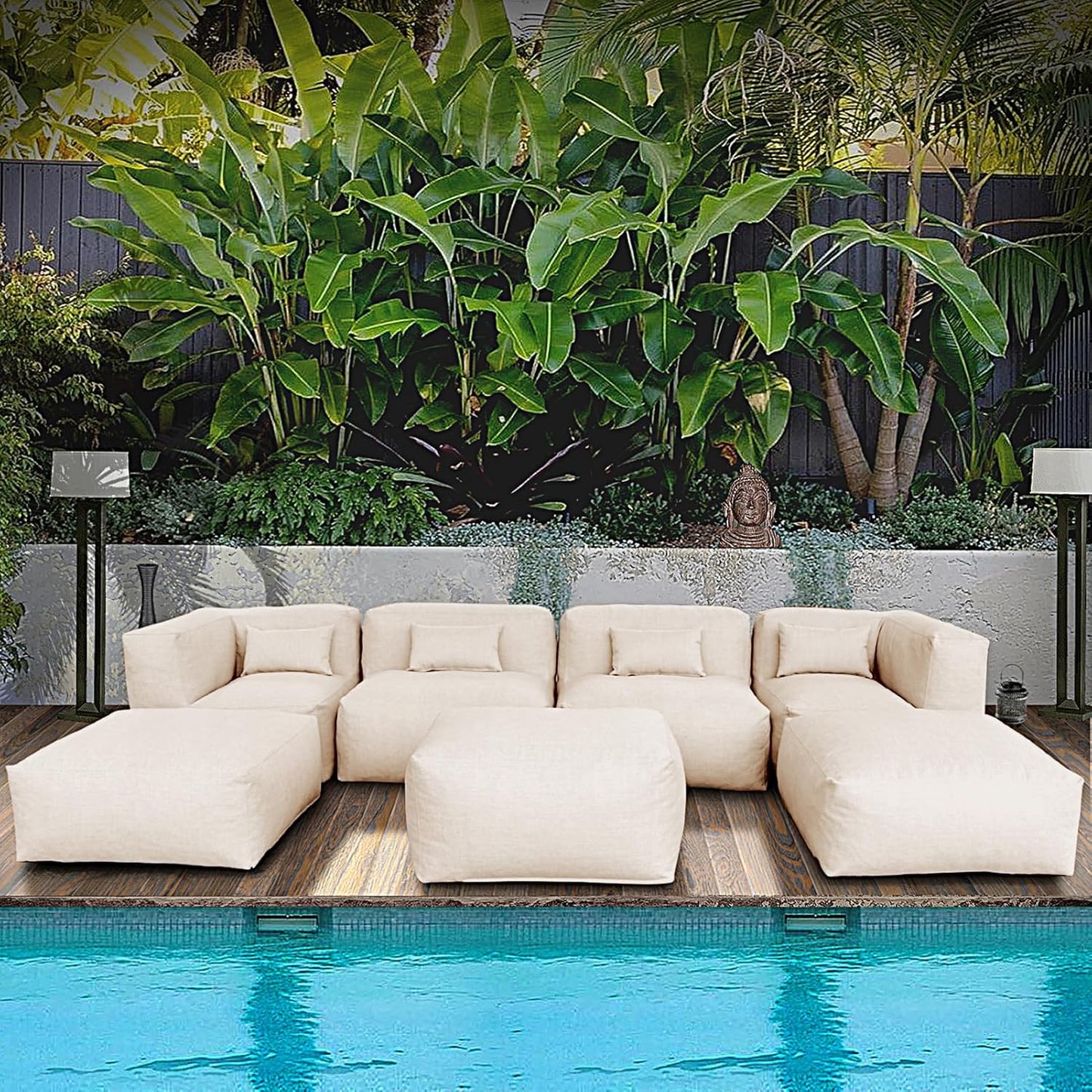 Solara Cove Set - 7-Piece Outdoor Modular Patio Set with 2 Corner Chairs, 2 Middle Chairs, 2 Ottomans, and Ottoman Table