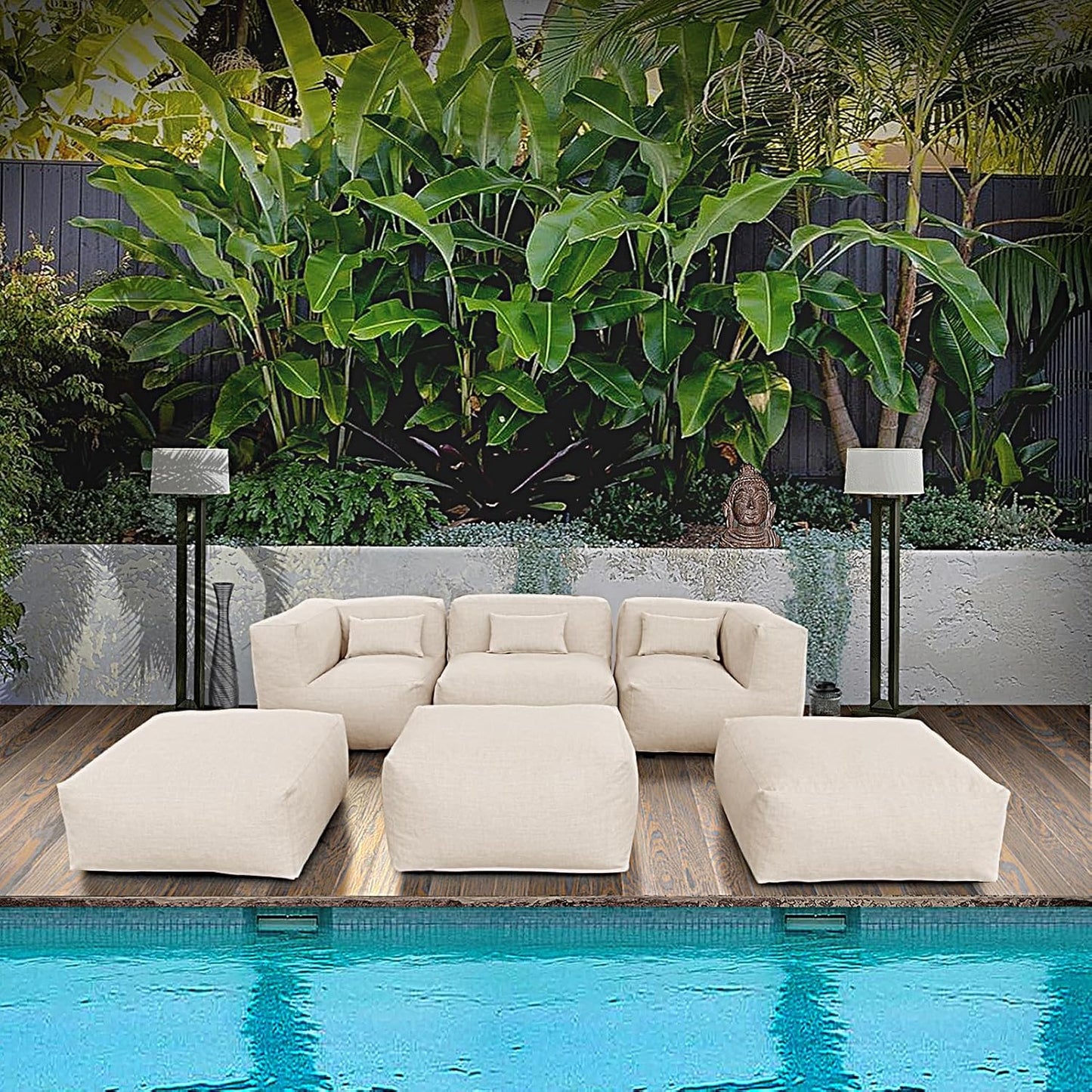 Solara Meadow Set - 6-Piece Outdoor Modular Patio Set with 2 Corner Chairs, 1 Middle Chair, 2 Ottomans, and Ottoman Table