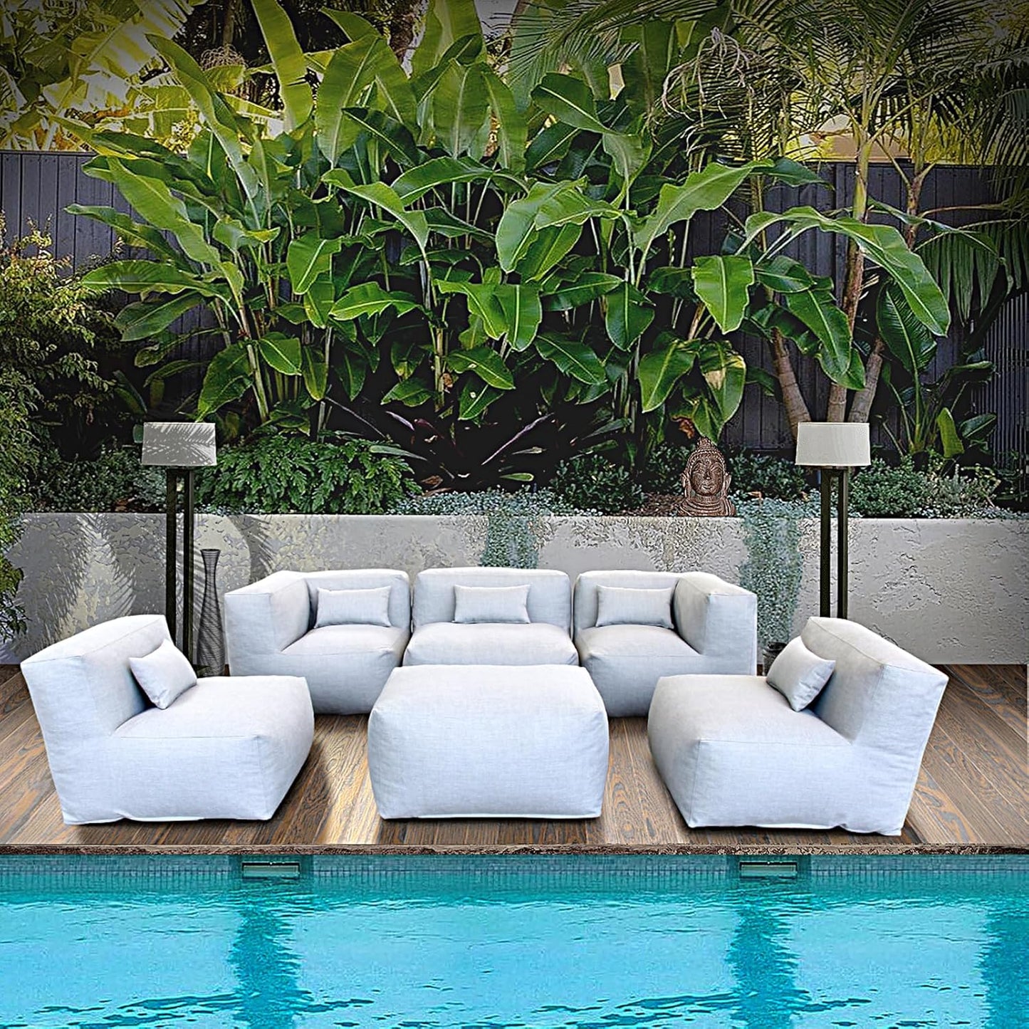 Solara Sunset Set - 6-Piece Outdoor Modular Patio Set with 2 Corner Chairs, 3 Middle Chairs, and Ottoman Table