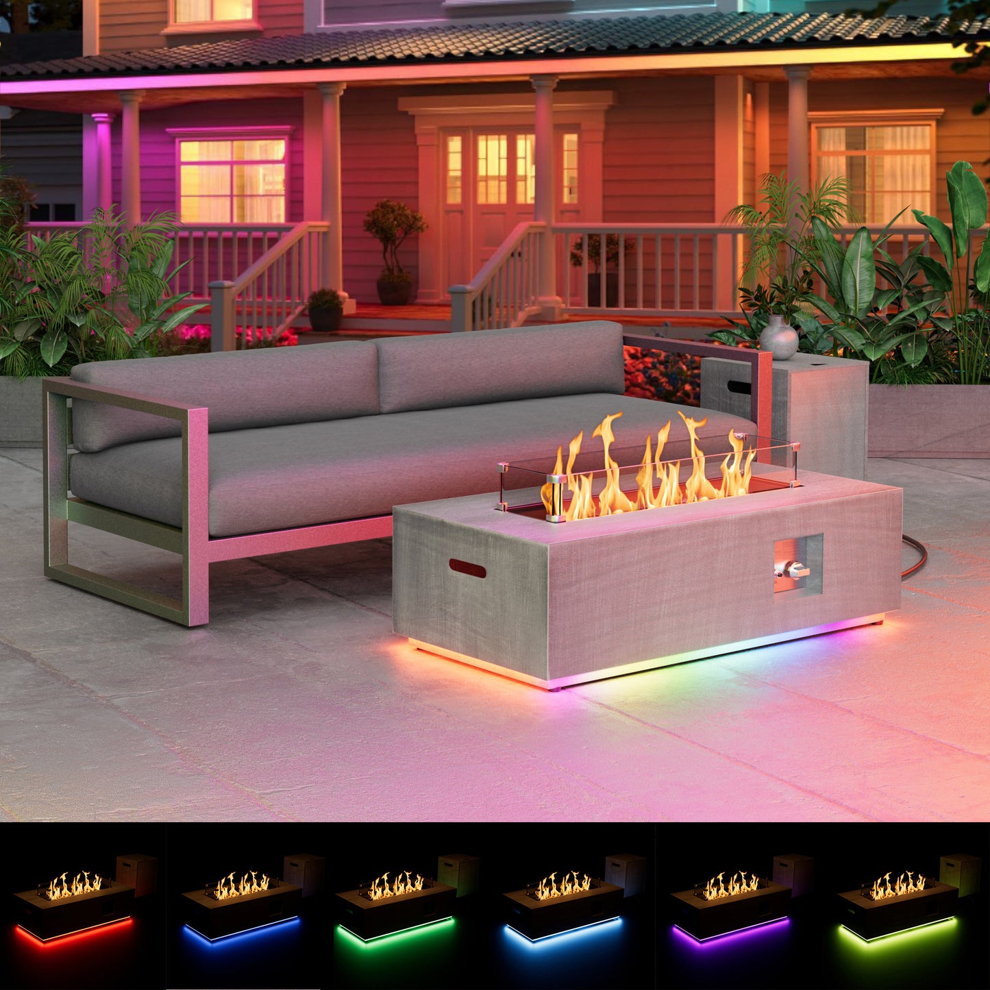 Nova Flame 42" Modern Rectangular Fire Pit Table with RGB LED Multi-Color Lighting
