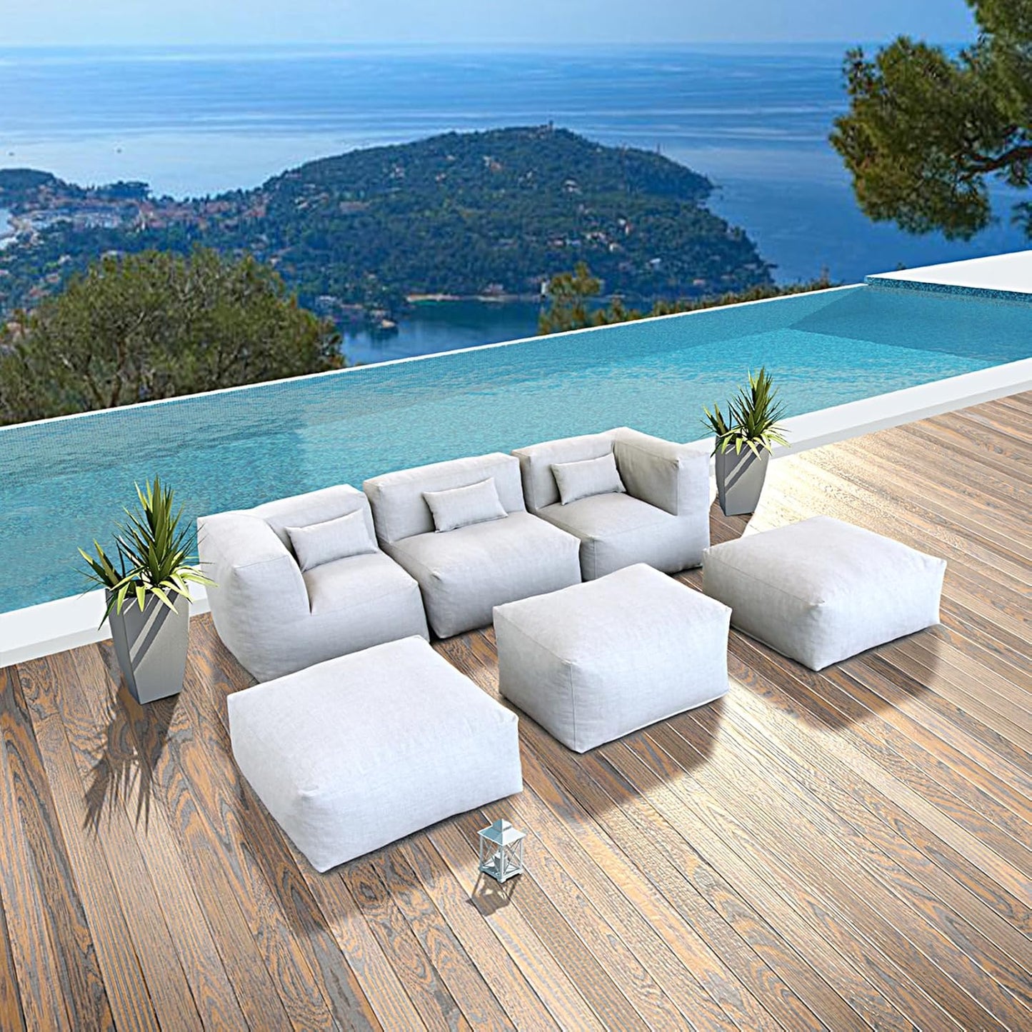 Solara Meadow Set - 6-Piece Outdoor Modular Patio Set with 2 Corner Chairs, 1 Middle Chair, 2 Ottomans, and Ottoman Table
